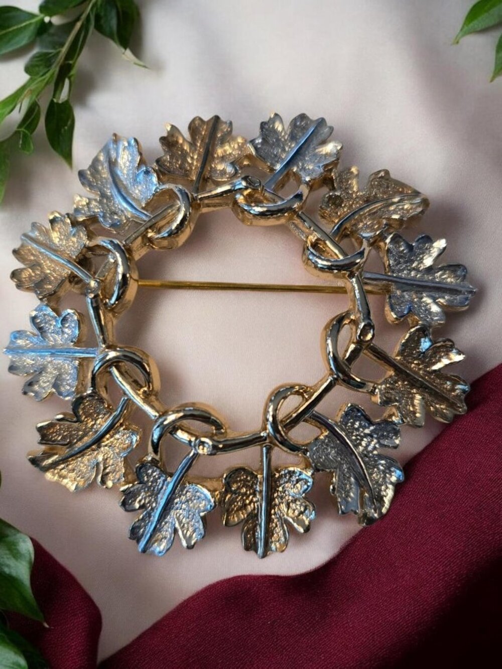 Sarah Conventry Vintage Brooch - gold & silver-tone oak leaf wreath pin - Signed